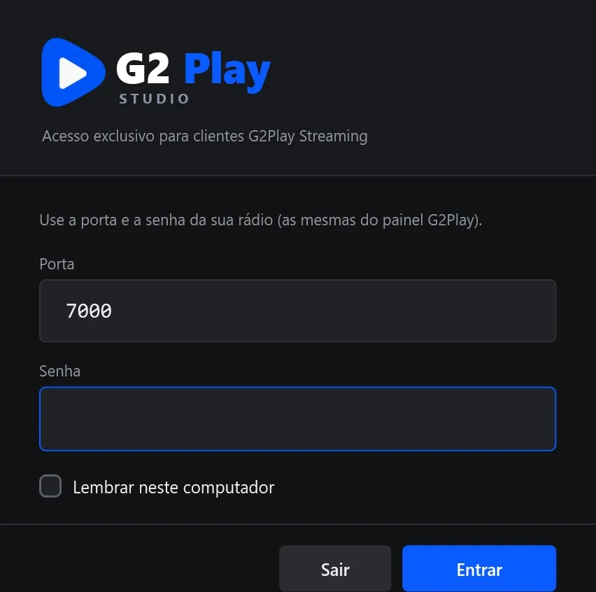 Tela de entrada do G2Play Studio pedindo porta e senha da rádio